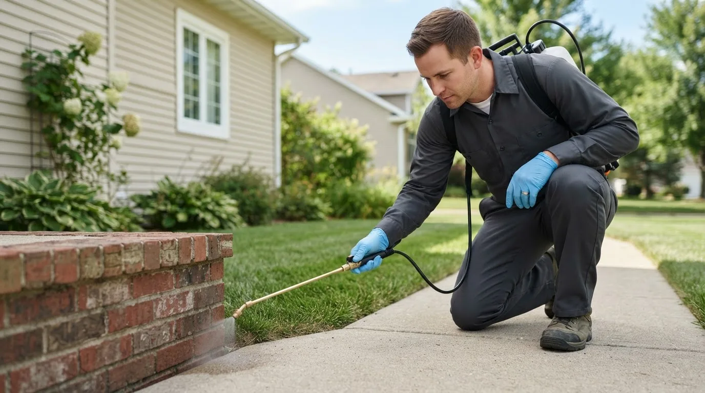 Pest control technician treating a home near Herrick, IL