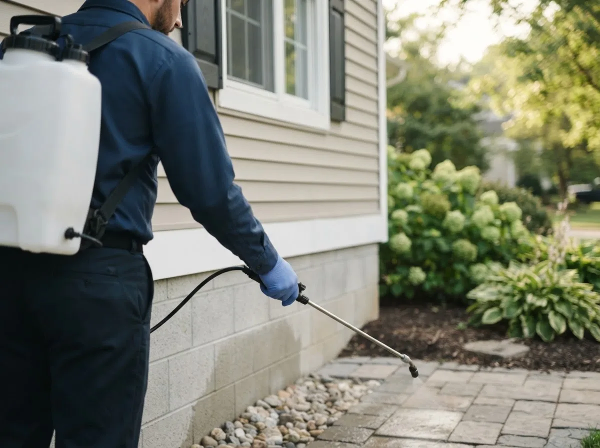 Pest control technician inspecting a home in Herrick, IL